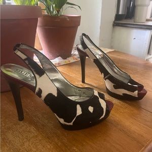 Guess sling back heels stiletto cow print pony hair peep toe